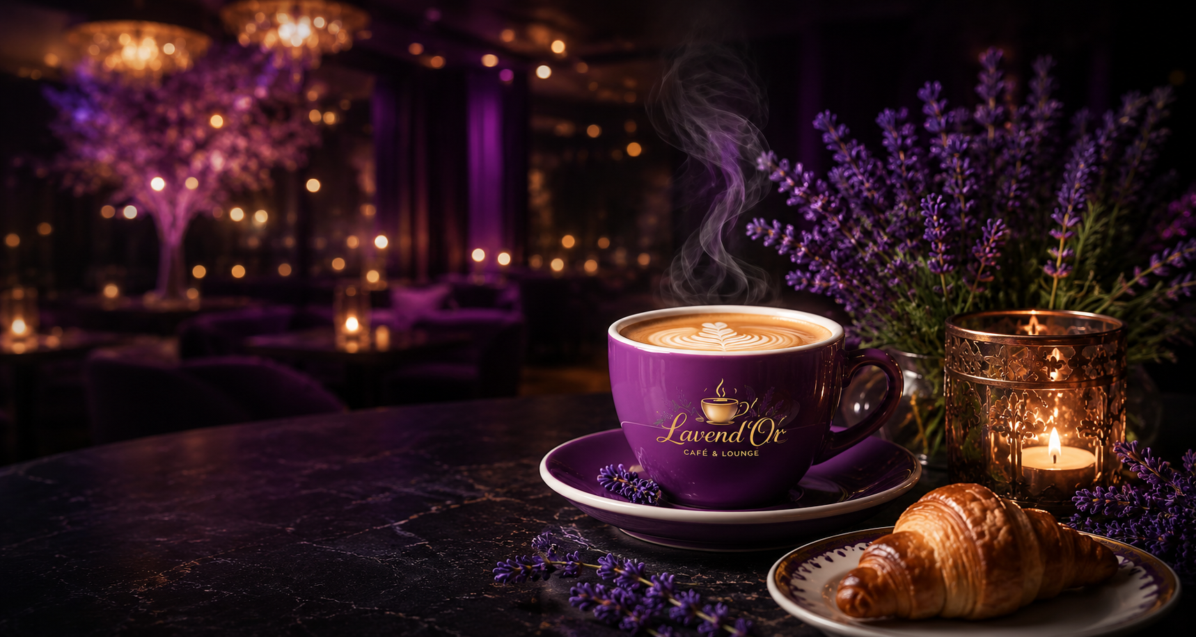 Lavend'Or lavender coffee in a cinematic lounge